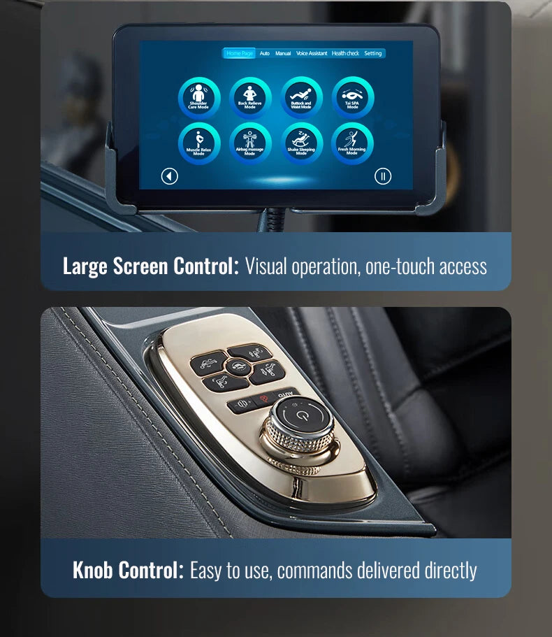 Massage chair controls: a touch screen display with massage mode icons and a gold, metallic-finish shortcut knob.