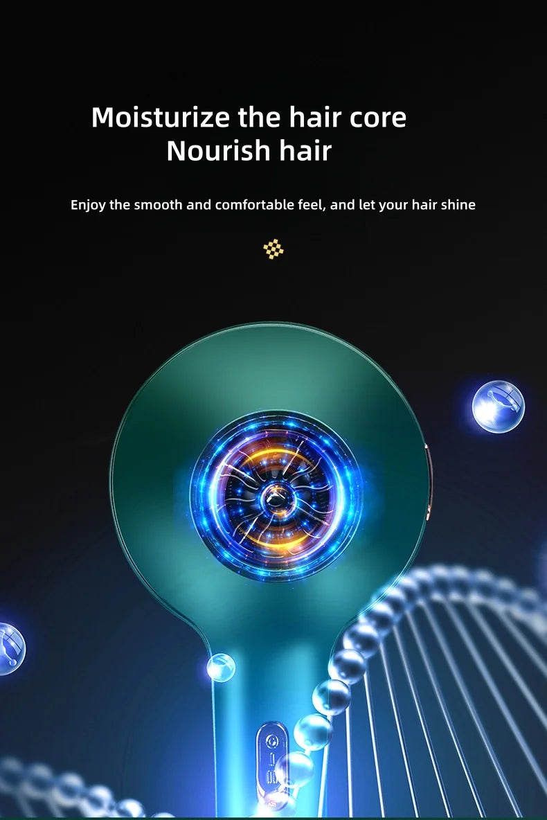 Green high-power hair dryer with glowing motor, constant temperature technology for quick, nourishing hair drying.