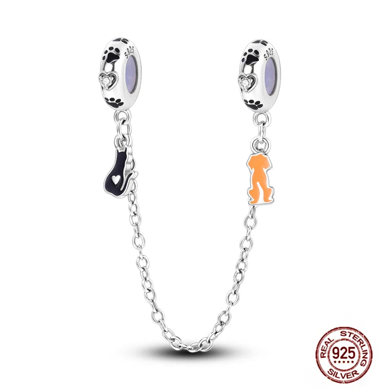 925 sterling silver safety chain charm with cat and dog pendants for personalized DIY pet lover bracelets.