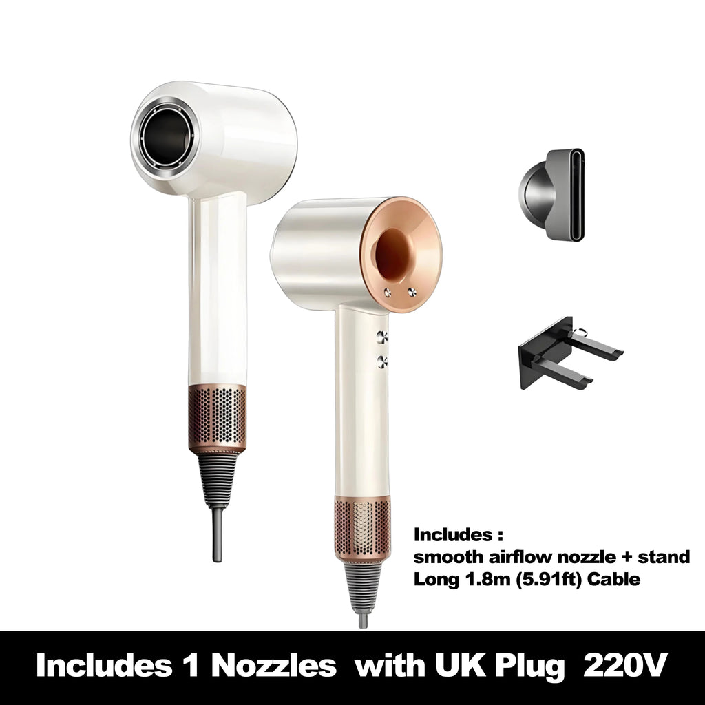 White & rose gold high-speed ionic hair dryer with nozzle, wall stand, and UK plug for salon-quality styling.