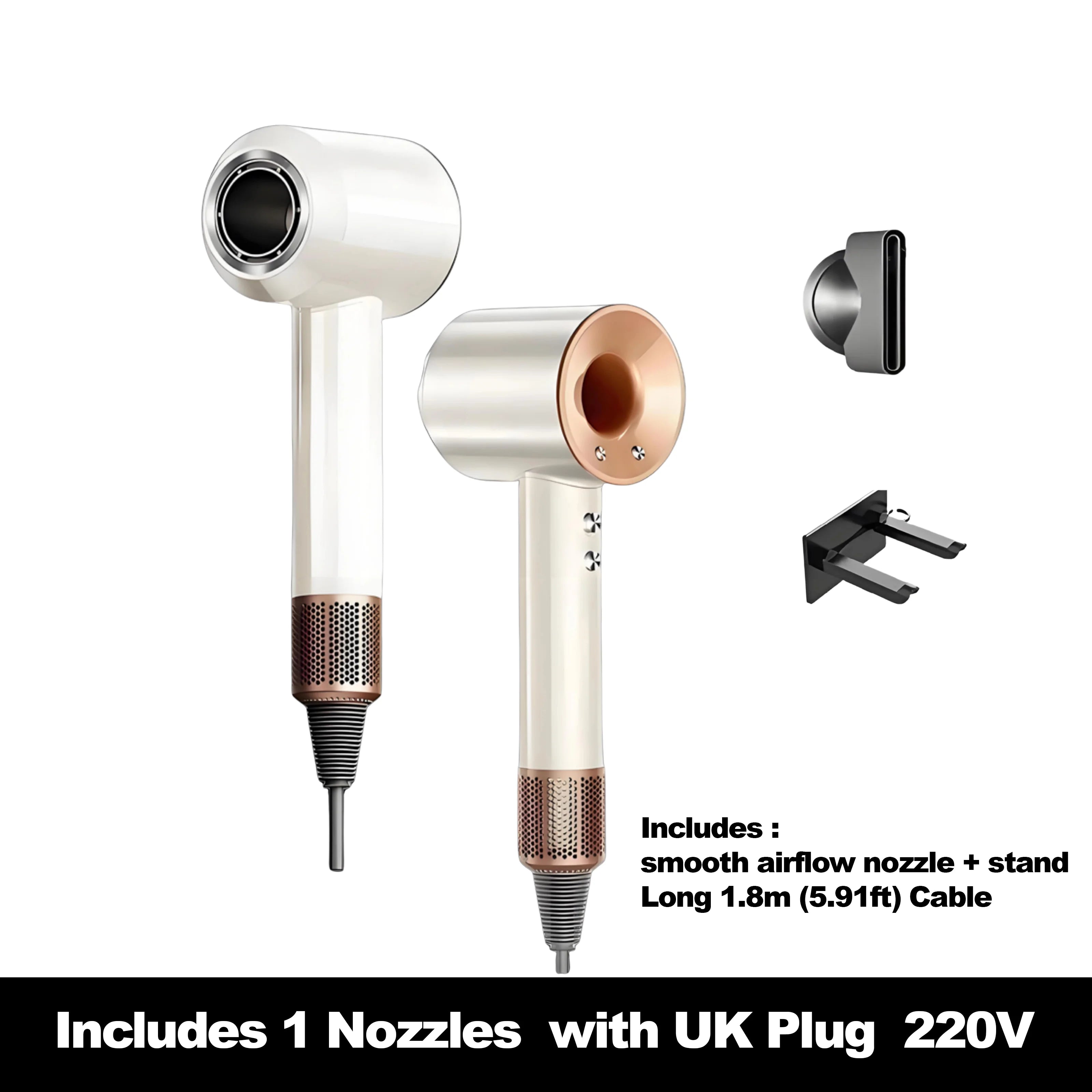 White & rose gold high-speed ionic hair dryer with nozzle, wall stand, and UK plug for salon-quality styling.