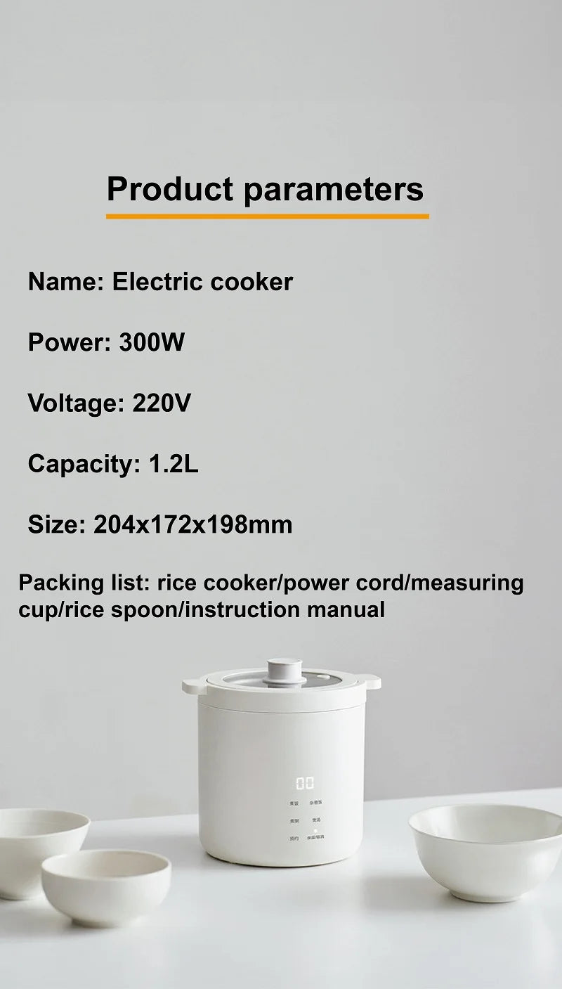 Smart white 1.2L electric rice cooker with lid and side measurement markings