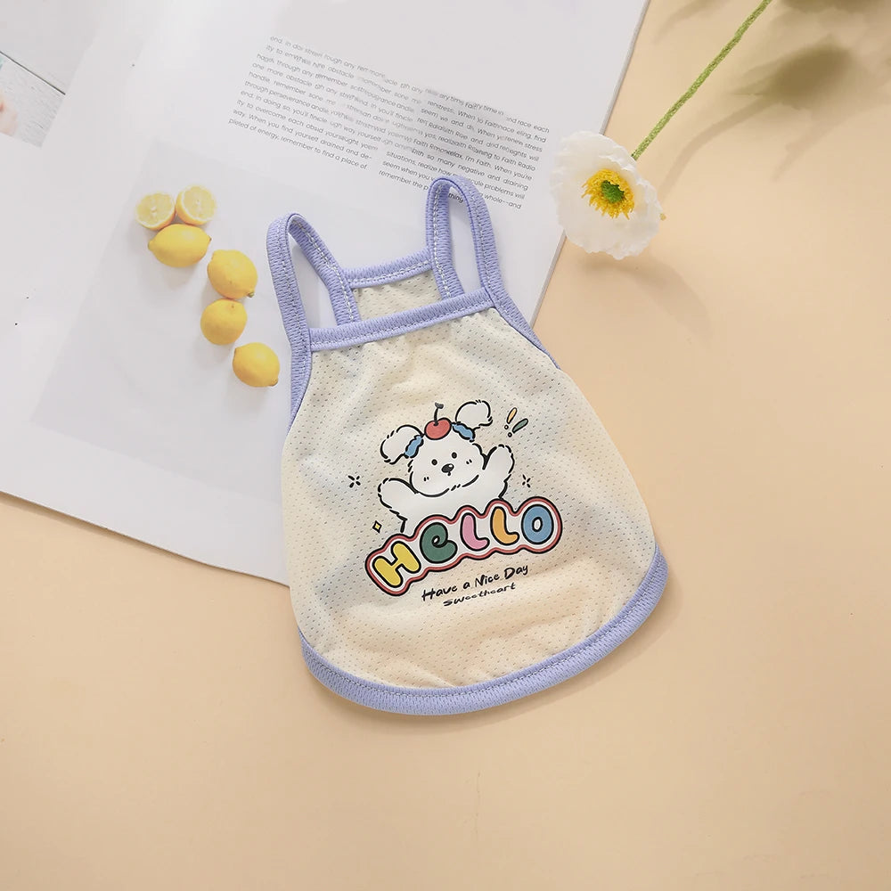 Breathable ice silk summer suspender shirt for cats and dogs, featuring a cute bear print to keep pets cool.