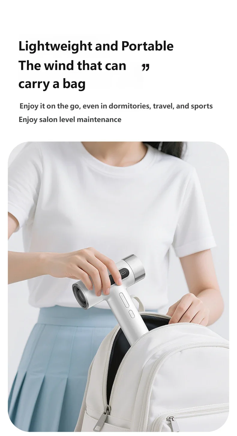 Portable white cordless hair dryer with USB charging, compact design for students, travel, and easy bag storage.