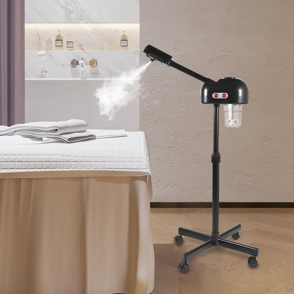 800W professional facial steamer with 750ml tank, adjustable stand, and wheels for salon skin care and spa treatment.