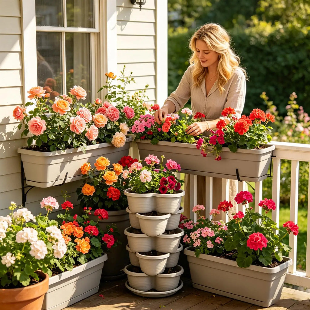 White butterfly-shaped stackable planter tower on balcony railing with colorful flowers