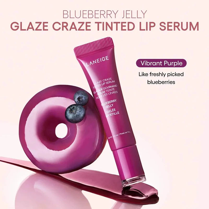Laneige Blueberry Jelly Tinted Lip Serum in vibrant purple, featuring a glossy moisturizing texture and lip balm tube.