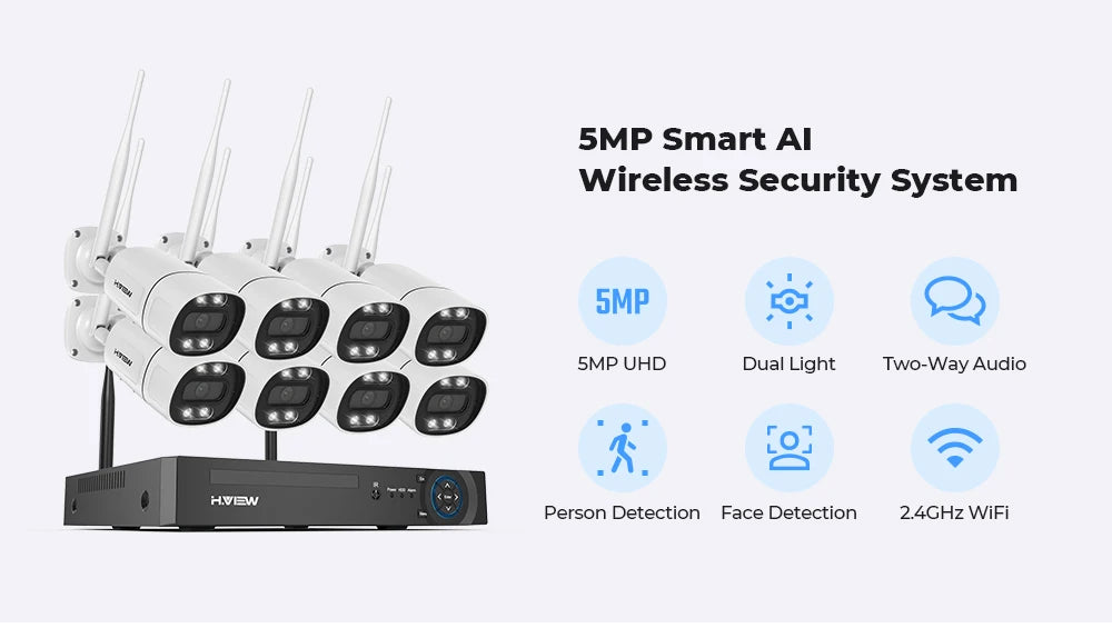 H.view 8CH 5mp Wireless Wifi Camera Security System CCTV Camera Video Surveillance Kit NVR Indoor Outdoor Two-Way Audio Xmeye