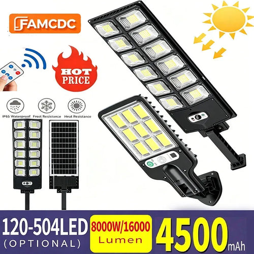 Black solar street light with multiple LED panels and mounting bracket, charged by sunlight.