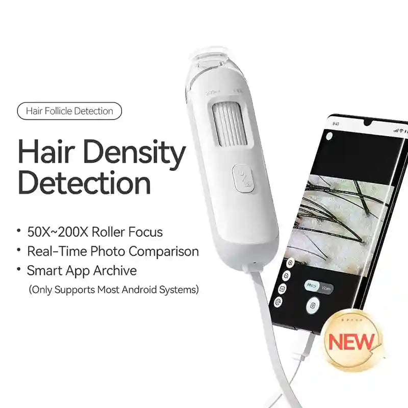 Digital hair and skin analyzer device with 50x-200x zoom, white handheld probe, and smartphone scalp diagnostic app.