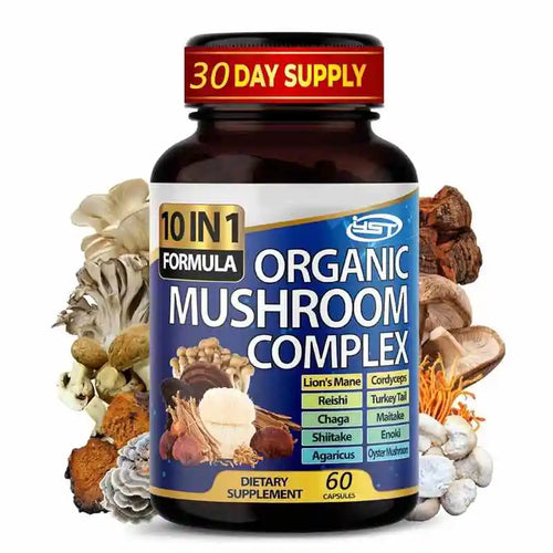 Organic 10-in-1 mushroom complex capsules bottle with adaptogen blend: Lion's Mane, Reishi, Chaga, and more.
