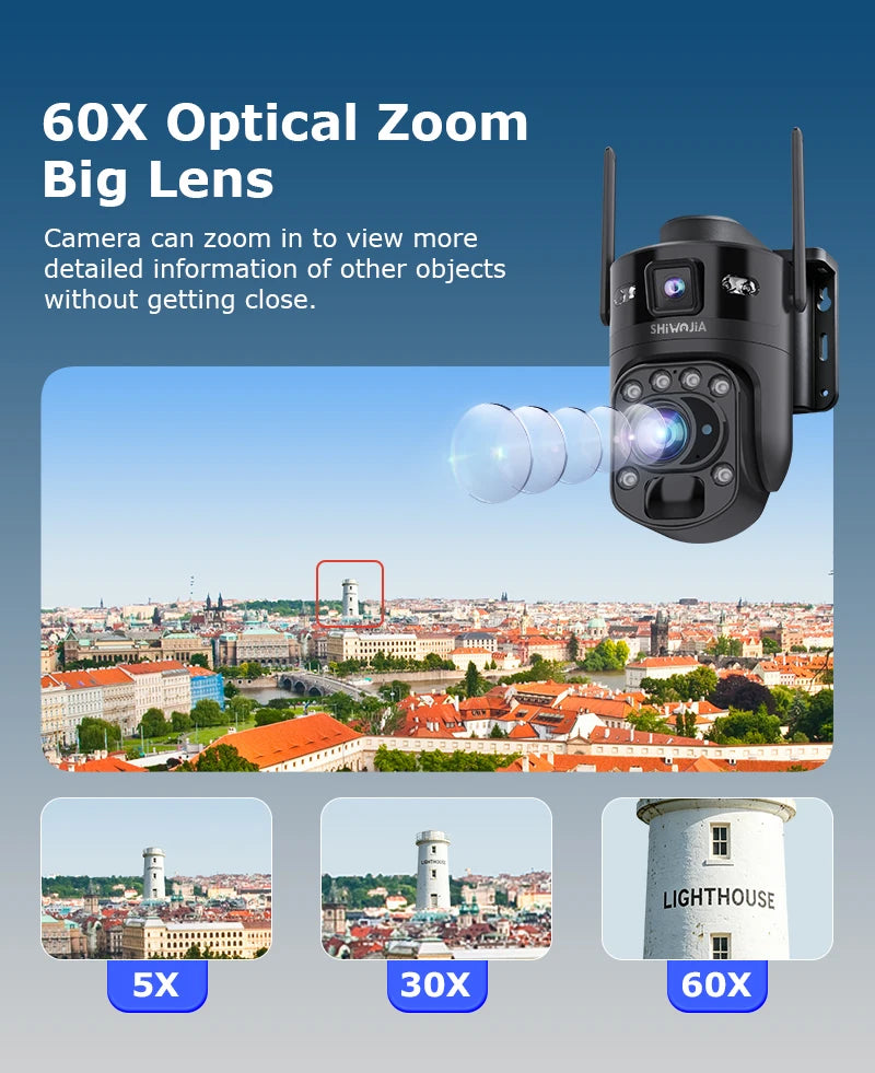 SHIWOJIA AI Ubox 4K 60X Optical Zoom 4G Solar Camera Dual Screen Outdoor WiFi PTZ PIR Detection Human Auto Tracking CCTV Cameras