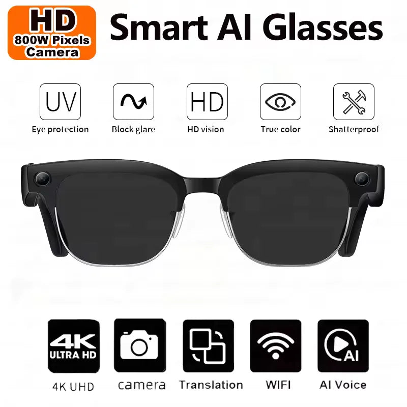 AI Smart Glasses with 8K Camera - Black Bluetooth Mixed Reality Headset Black sunglasses Tidesmit