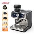 HiBREW espresso machine with built-in grinder, black and stainless steel finish, digital display and pressure gauge.