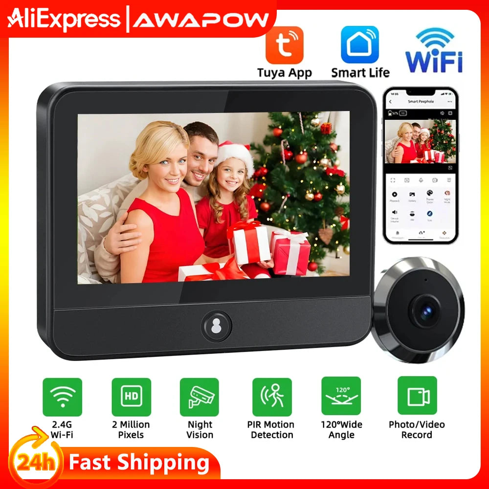 Awapow Tuya Wifi Radar Door Camera Smart Mini Digital Peepholes Door Viewer PIR Motion Detection Video Doorbell Home Security