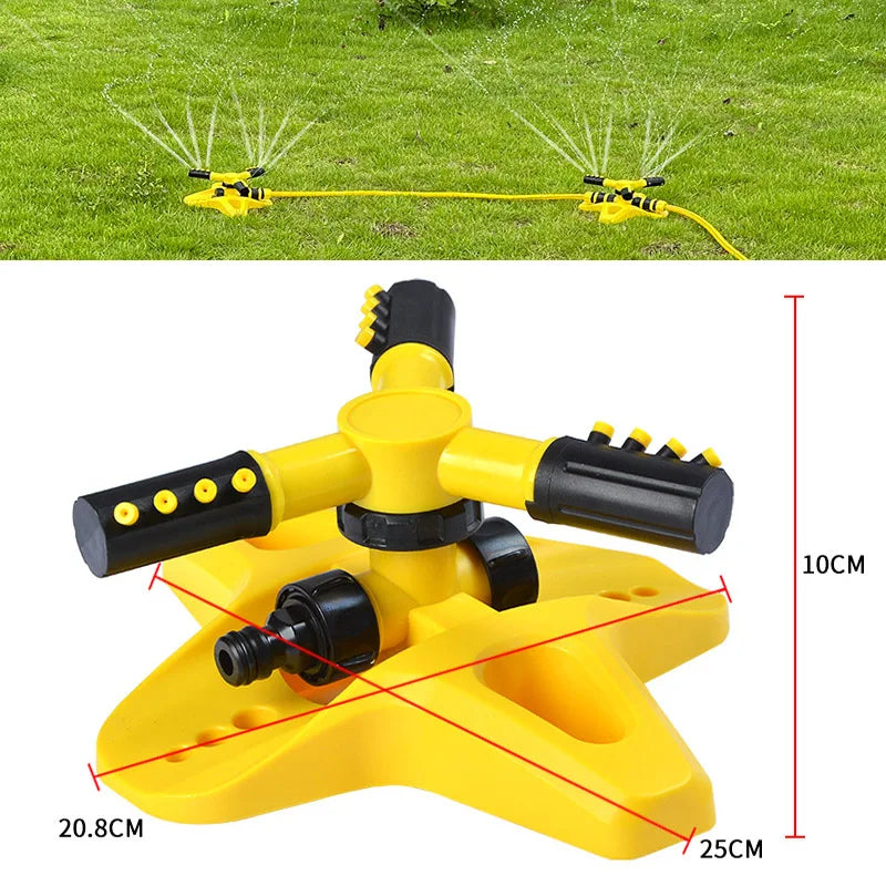 Yellow 360 rotary garden sprinkler head with rotating nozzles and size measurement marks