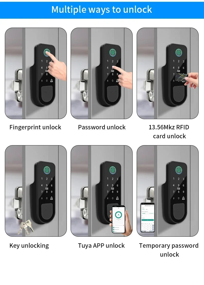 Bluetooth Tuya App Fingerprint Smart Door Lock Gate Password RFID Card Rim Bolt Lock Electronic Door Lock