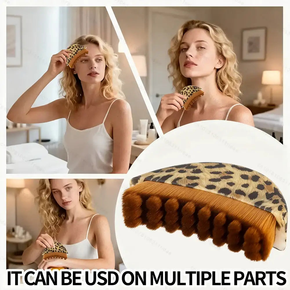 Leopard print lymphatic massage brush with brown dense bristles used on face, jawline, and arm.