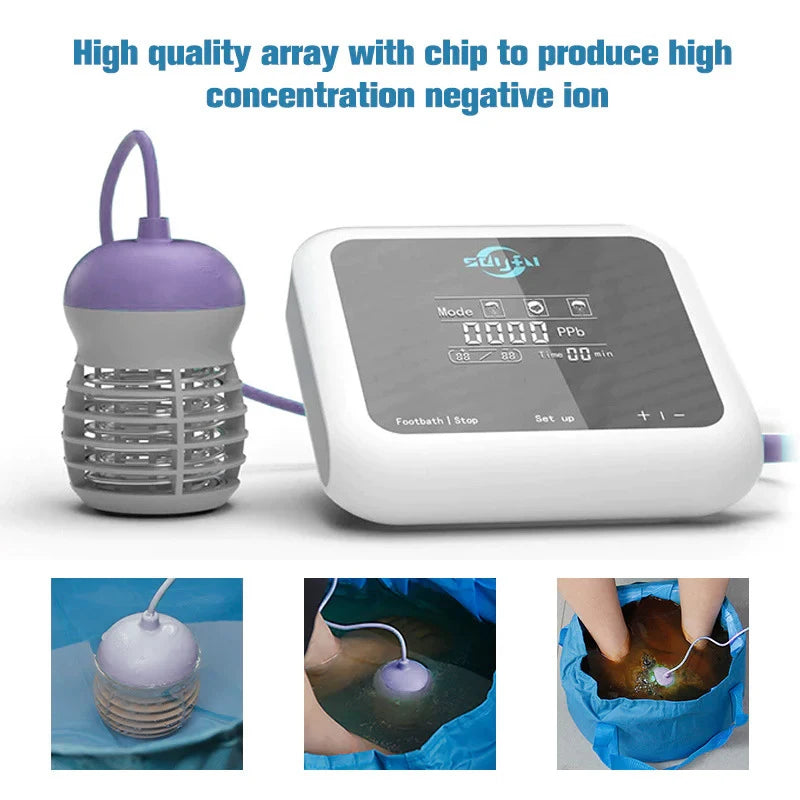 Ionic foot detox spa machine with touch display, purple ion array, and setup for home foot bath therapy.