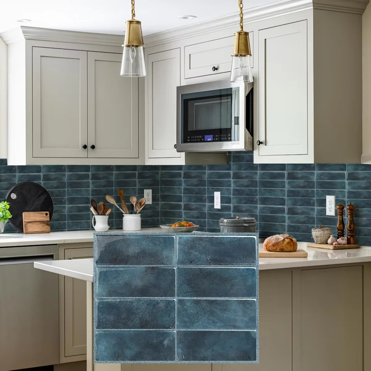 Blue peel-and-stick backsplash tile sheet with glossy subway tile pattern, held in front of kitchen backsplash