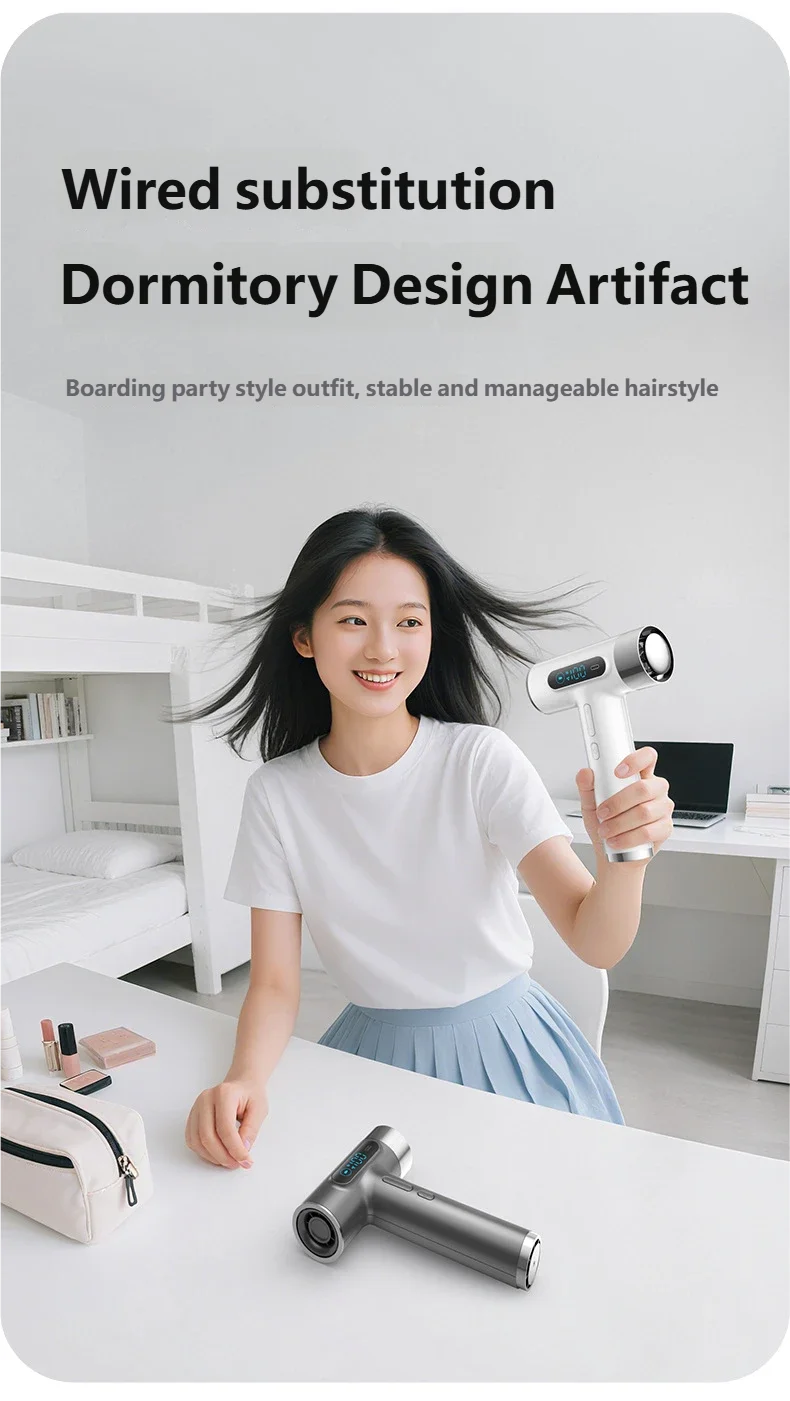 Portable HOMEFISH wireless hair dryer in white and gray, featuring sleek design and digital display for dormitory use.