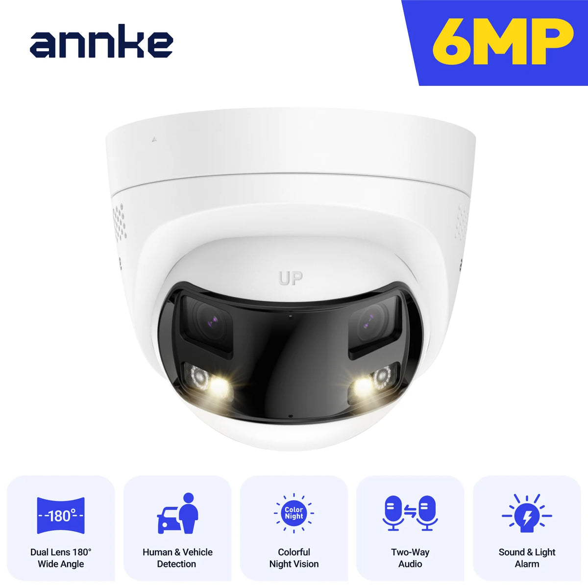 White dual-lens outdoor security camera front with 6MP badge and audio alarm icons