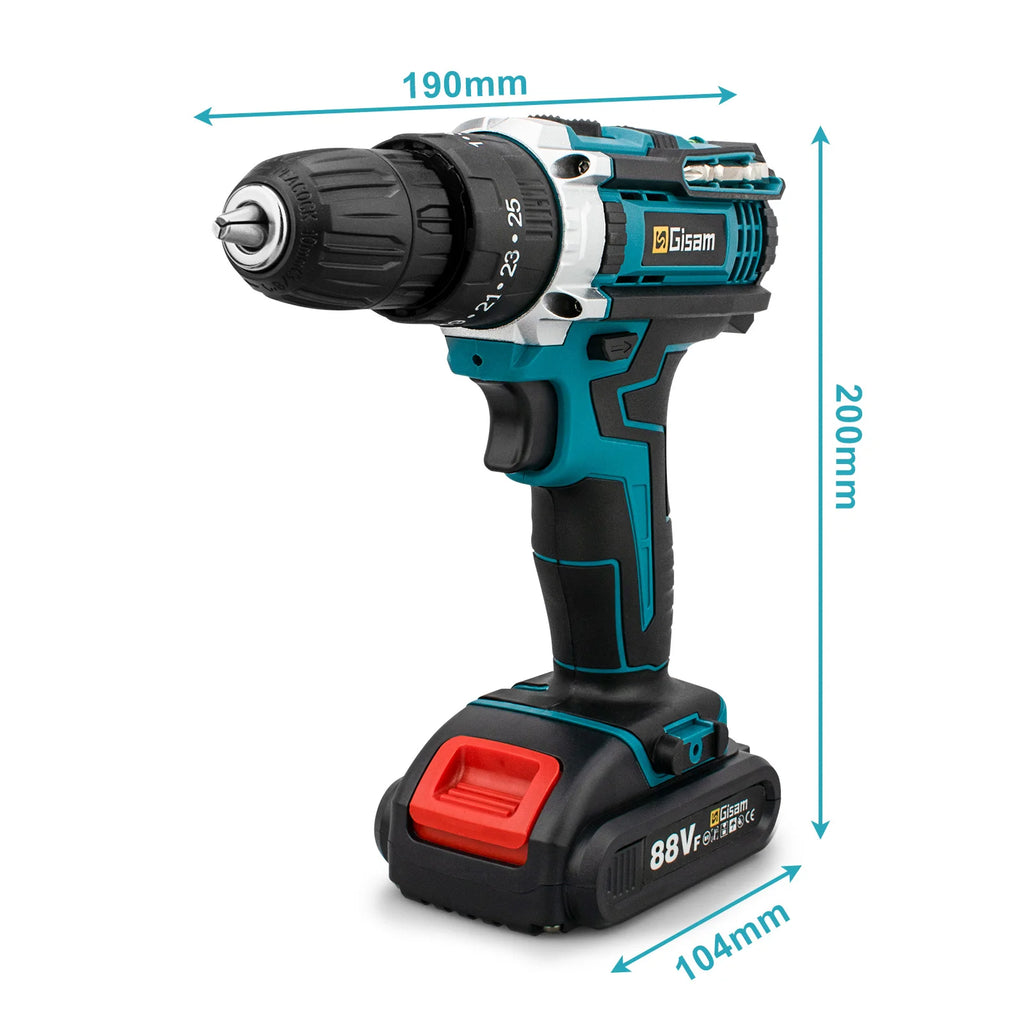 Wiredless Impact Drill Screwdriver Rechargeable Battery Cordless Hammer Drill 25+3Torque Setting Electric Screwdriver Power Tool