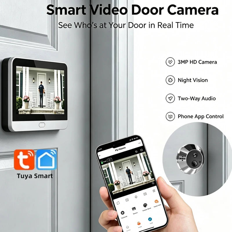 Two Way Talk Security Tuya Smart 2.4G Wifi Peepholes Door Intercom 140° Wide Angle Battery Powered 3MP Video Door  Camera