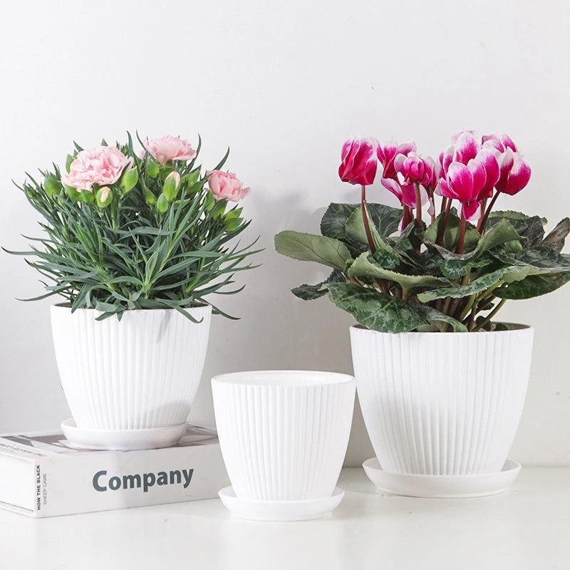 Plastic Flower Pots with Tray Solid Color Plant Pot Thickened Double Layer Green Plant Potted Planters Gardening Supplies