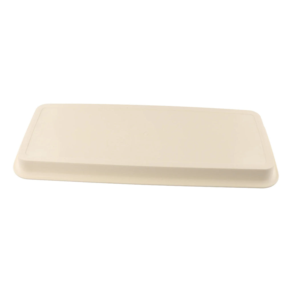 Beige rectangular plastic plant tray with wide flat base and low raised edges