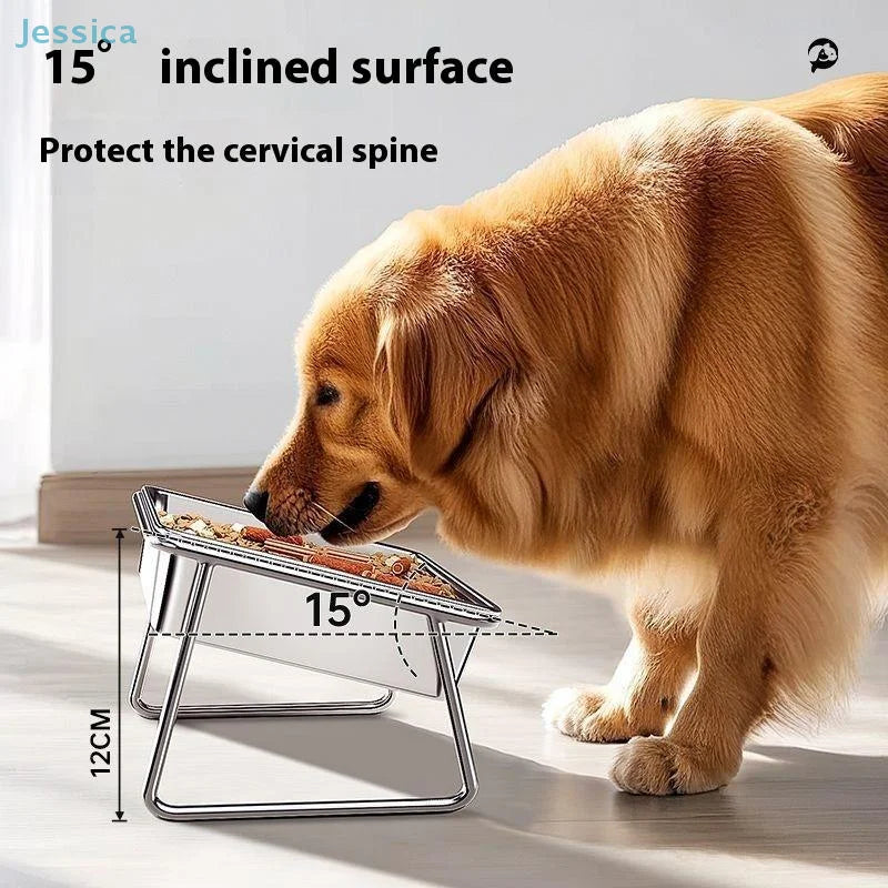 Slanted stainless steel double pet bowl with 15-degree incline to protect cat and dog cervical spine.