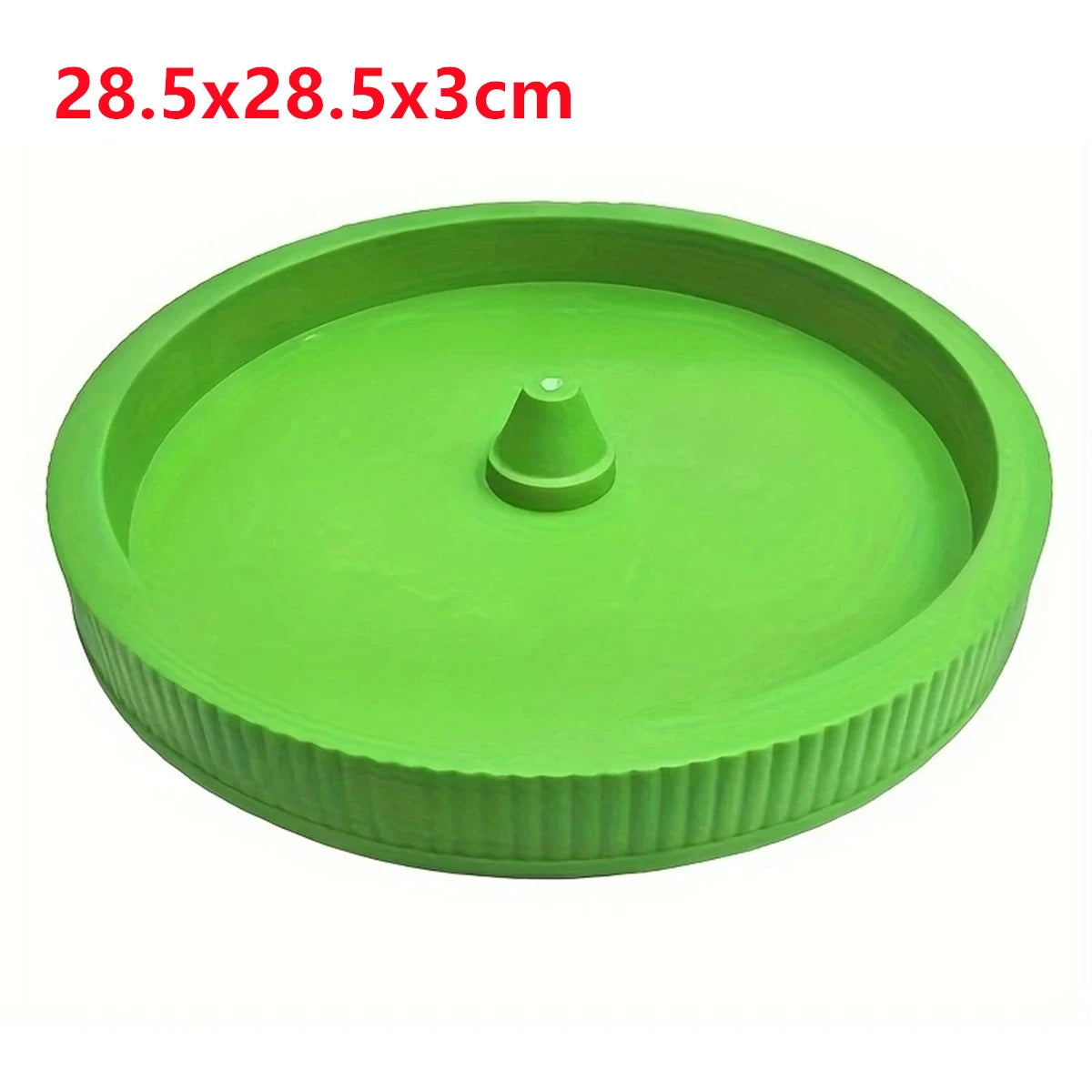 Bright green round planter tray with ribbed sides and central raised stand opening.