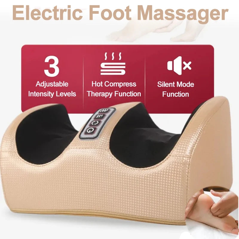Beige electric foot and calf massager with heat, 3 intensity levels, silent mode, and deep tissue kneading.