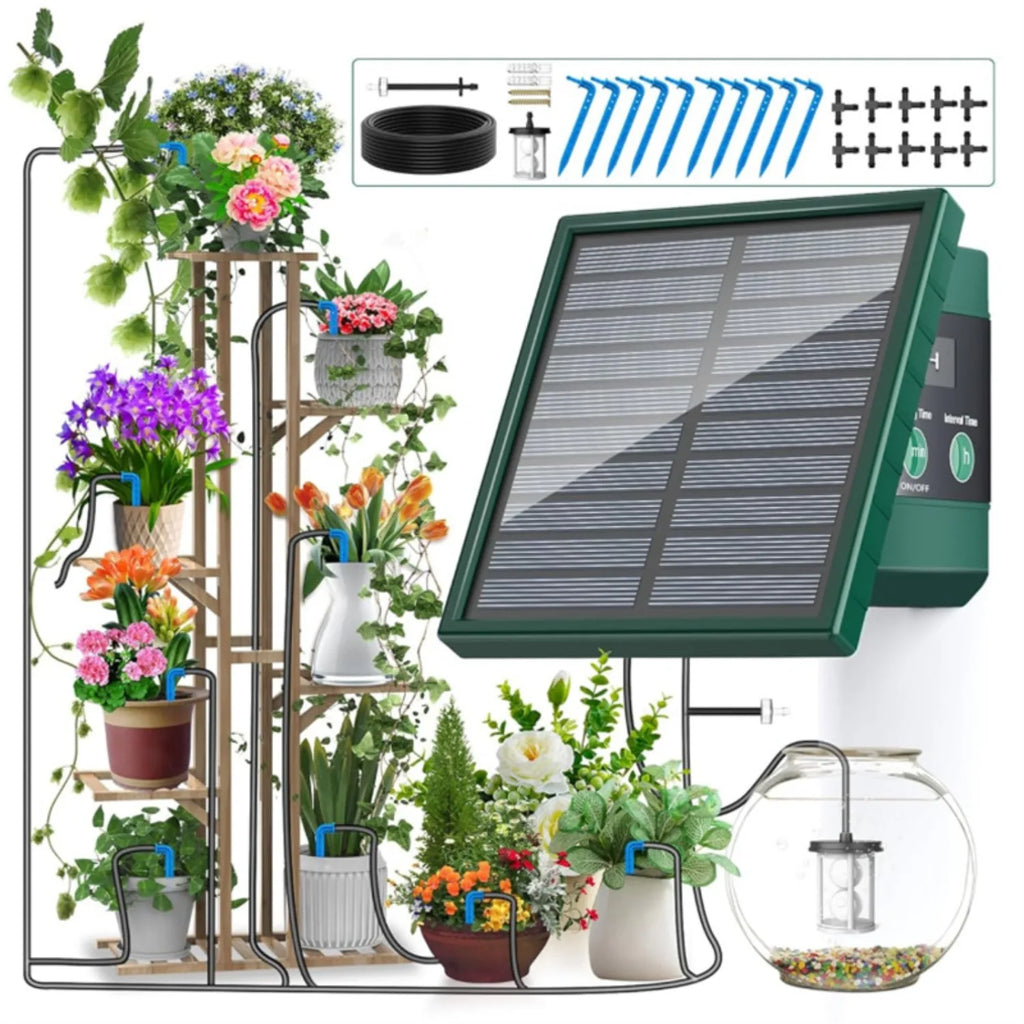 Solar drip irrigation kit with solar panel, drip line, and accessories for plants