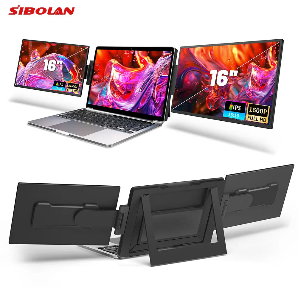 Sibolan 16" 2.5K Dual Screen Portable Monitor 100% sRGB 60Hz HDMI Type-C Plug IPS Laptop Triple Display Extender For Windows Mac