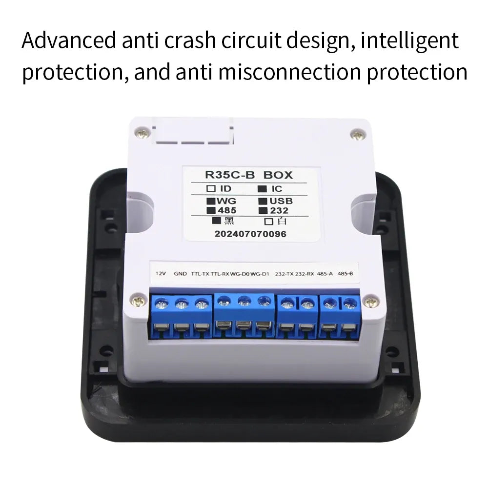 Black and white control box for QR code access reader with blue terminal block