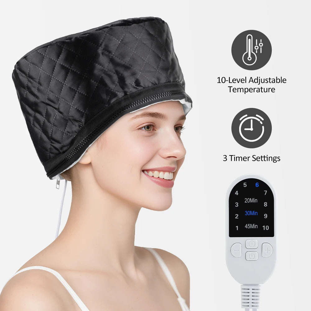 Black quilted PU electric hair steamer cap with 10-level temperature control and 3-timer remote for deep conditioning.