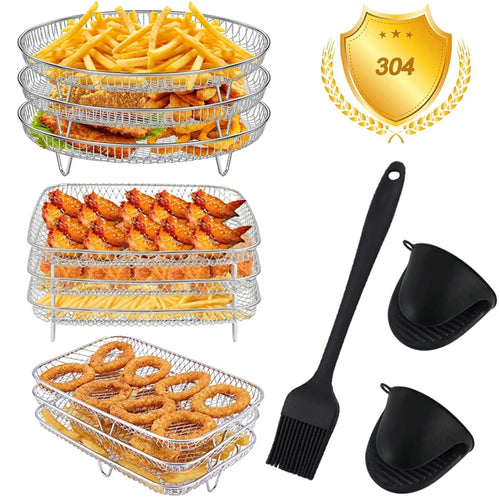 Stackable 3-tier stainless steel air fryer rack with black silicone brush and spatula