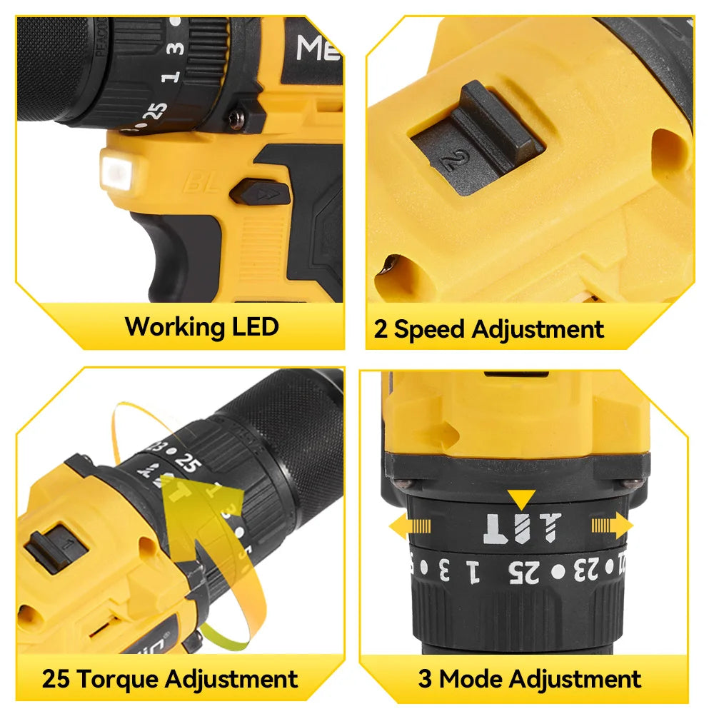 MELLWIN 13MM Brushless Electric Impact Drill 25+3 Torque Handheld Flat Drill Screwdriver Power Tools For Makita 18V Battery Pin