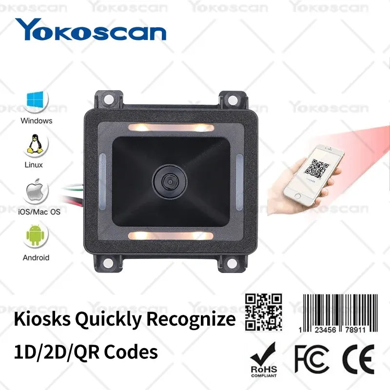 Embedded 1D/2D/QR barcode scanner module with square scan window and corner mounting tabs