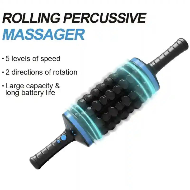 Black and blue cordless percussive massage roller with textured bumps and handles.
