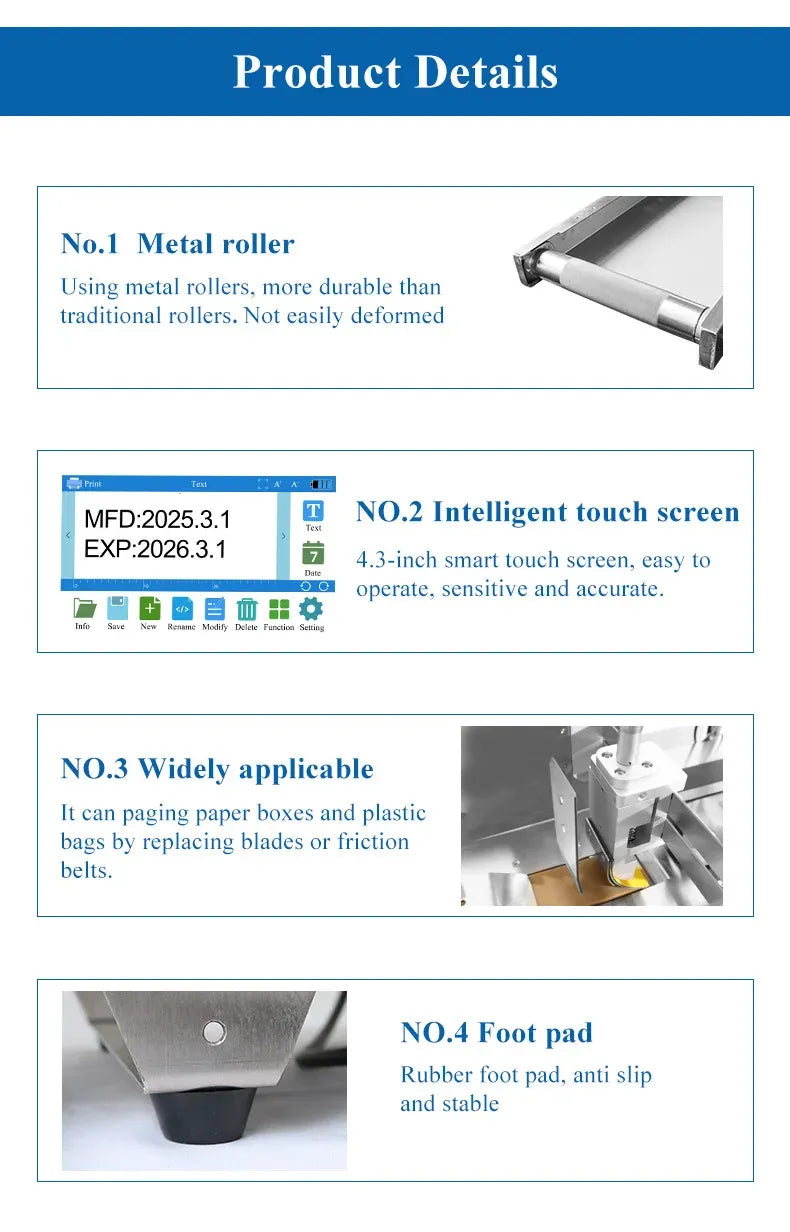 Barcode printer product details including metal rollers, touch screen, and rubber foot pad