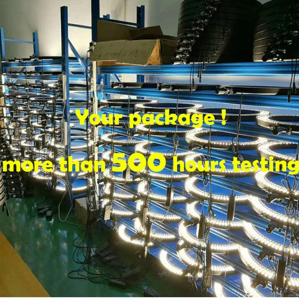 Black circular LED ring lights arranged on blue metal shelves, undergoing a long-term burn-in quality test.