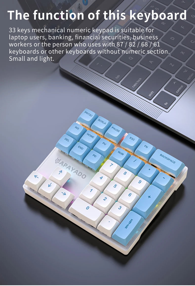 APAYADO K33 Mini Numeric Keyboard 33Keys,Blue Mechanical Shaft,RGB,PBT Keycaps for Treasury / Accounting / Finance