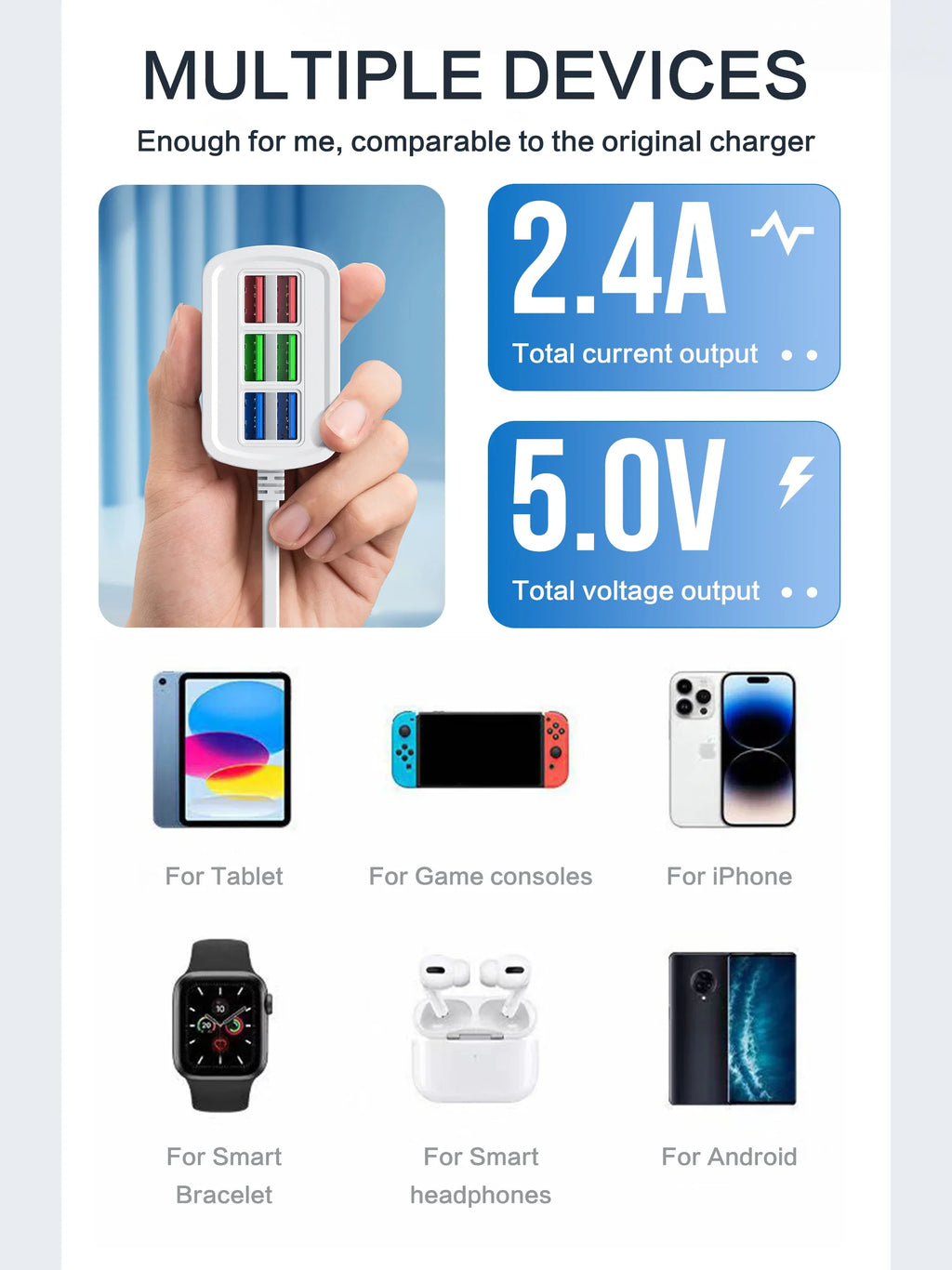 Universal 6 USB Charger Fast Charging Adapter Mobile Phone Power Strip with 1m Cable 6 USB HUB Charging Station For Home Office