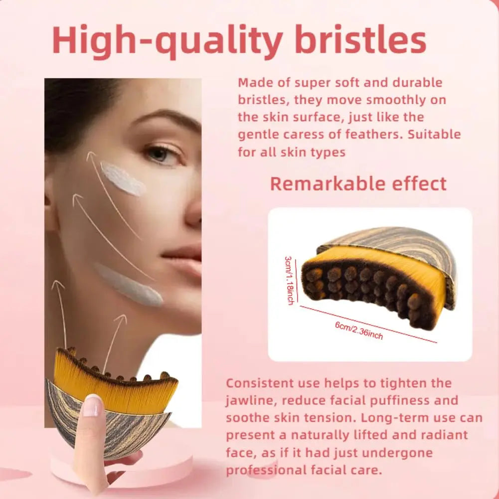 Ergonomic facial brush with wood-grain finish and soft yellow bristles for manual lymphatic drainage massage.