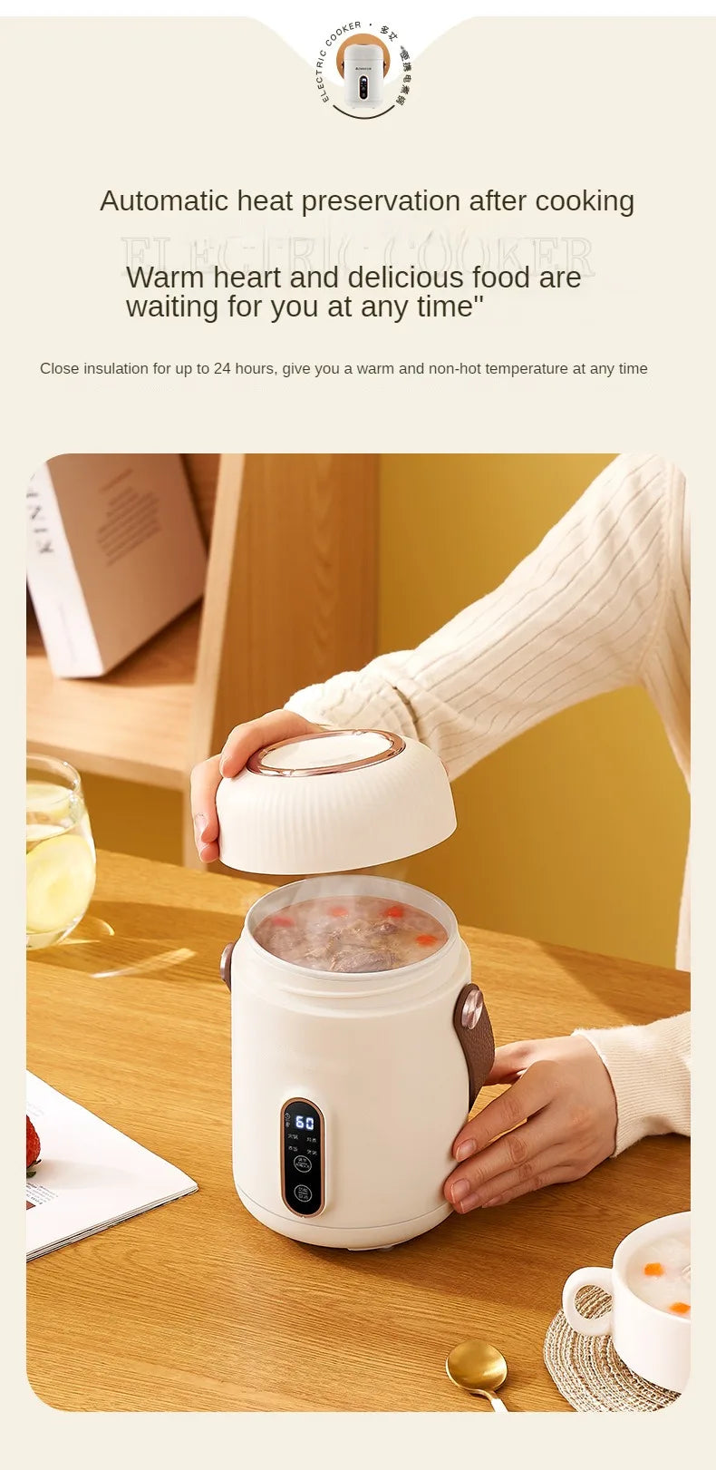 White electric stewing cup slow cooker with lid being closed after cooking