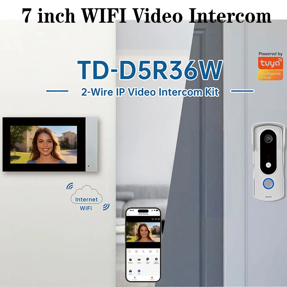 New 2 Wire Video Intercom System 7'' Color Touch Screen Tuya Wifi 1080P  Rainproof Call Panel IR Camera for Home Villa Buil