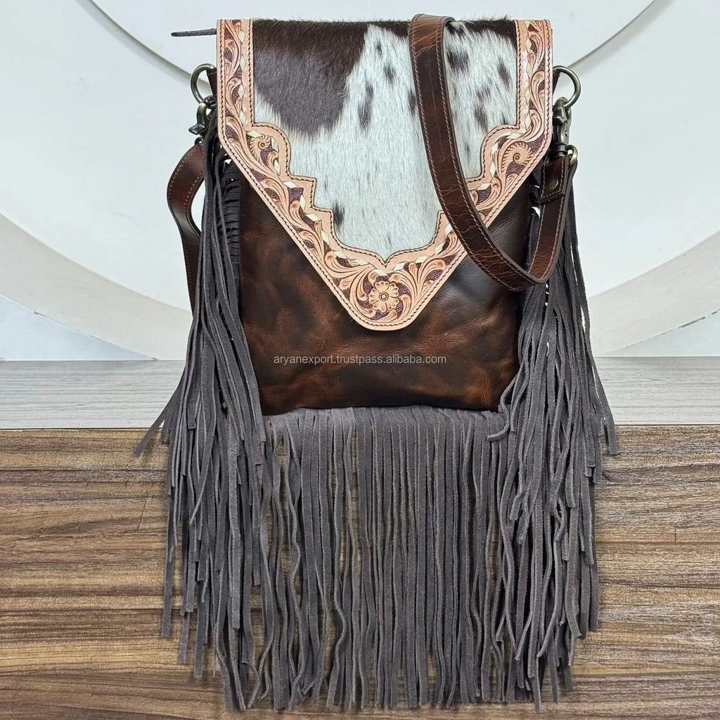 2026 Luxury Trending Designer Floral Tooled Cow Leather Fringe Crossbody Handbag for Women Genuine Leather Vintage Shoulder Bag