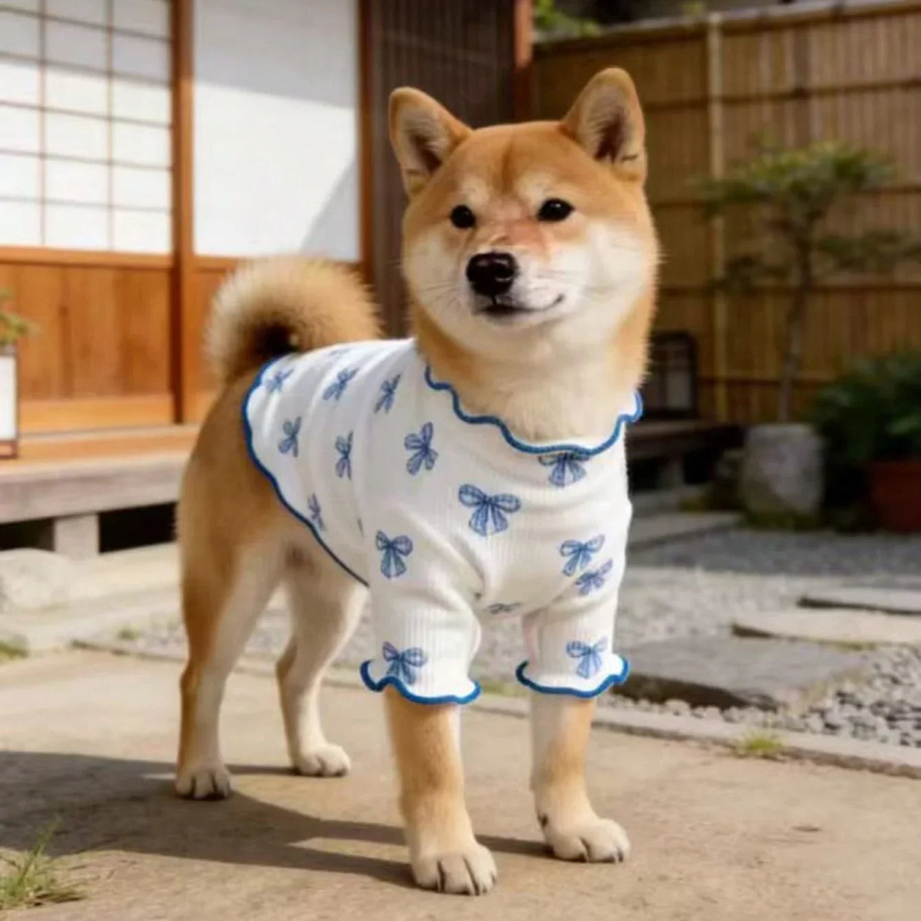 Shiba Inu wearing a breathable white knit dog shirt with a cute blue bow tie print for comfortable, stretchy pet style.